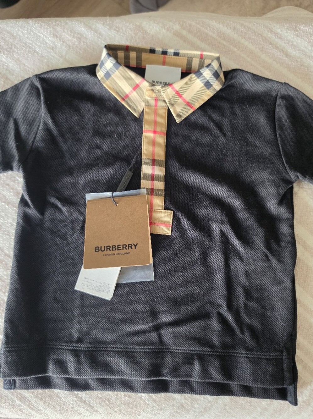 Burberry Black Polo with Beige Vintage Check Trim and Red Accents